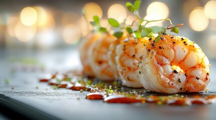 Grilled shrimp appetizer, restaurant, bokeh lights, gourmet food photography