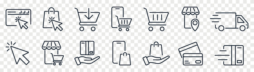 Click and collect online shopping outline icons set