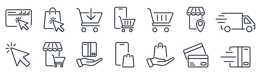 Click and collect online shopping outline icons set