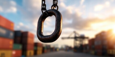 Naklejka premium industrial crane operations, sharp depiction of heavy-duty crane hook lifting a container, with blurred industrial port and stacked cargo in background