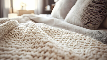 Cozy cream knit throw blanket on bedroom bed, sunlit window background, promoting relaxation and sleep