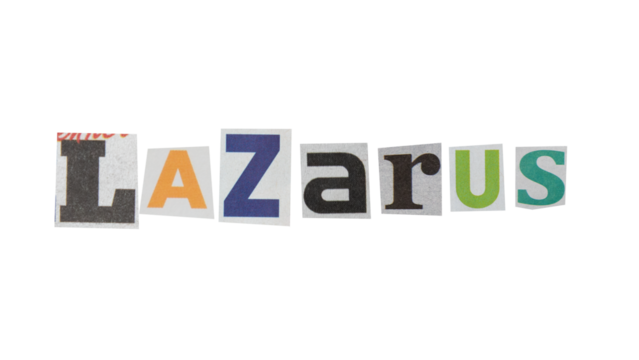 "Lazarus" text written in letters cut out from newspapers	