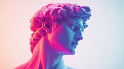 creative and colorful reinterpretation of the famous Michelangelo’s David statue, bathed in neon hues of pink and blue. This modern artistic rendition offers a fresh, vibrant perspective