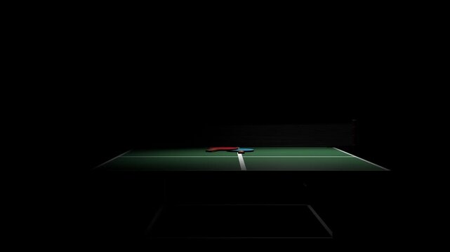 3d animation of table tennis with rackets is revealed on a black background. Top light, shadows nad epic look