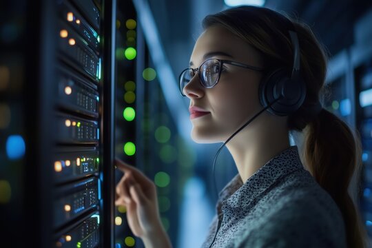 Female IT specialist troubleshooting server racks in modern data center