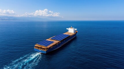 green shipping solutions, sustainable cargo ship with solar panels on deck and renewable energy, symbolizing the future of eco-friendly shipping