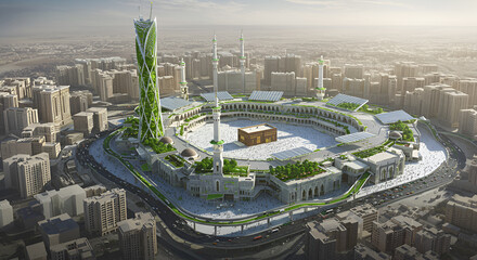 Aerial View of Masjid al-Haram Mecca, Saudi Arabia with Green Innovations