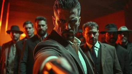 Obraz premium tense cinematic scene featuring a lead actor in a sharp suit, holding a gun in a dark, atmospheric room. The glow of orange lighting sets the mood as a group of tough