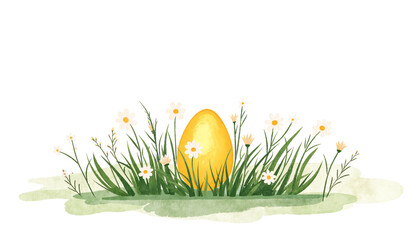Fototapeta premium Yellow Easter egg surrounded by daisies in grassy field. Spring holiday illustration.