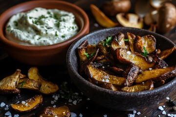 Fototapeta premium Snacks of roasted porcini mushrooms with garlic dip.