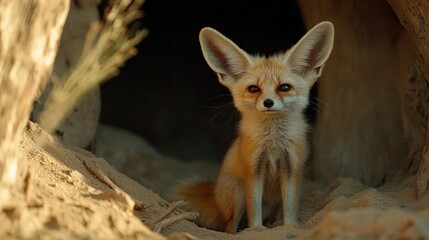 A curious fennec fox stands confidently at the entrance of its burrow, surrounded by soft sandy earth, embodying charm and resilience in its natural desert habitat.