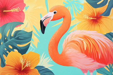 Obraz premium Tropical Flamingo with Hibiscus Flowers – Vibrant Summer Illustration