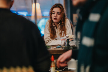A young woman rests at a bar table while people interact nearby, creating a candid and relaxed ambiance. The warm lighting and background suggest a sociable yet introspective setting.