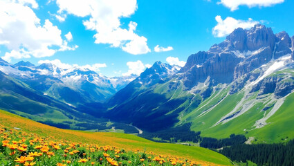 Fototapeta premium Stunning Mountain Valley with Wildflowers and Snow-Capped Peaks