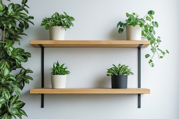 Wooden minimalist shelf hanging on a blank white wall with green flowers in white and black pots