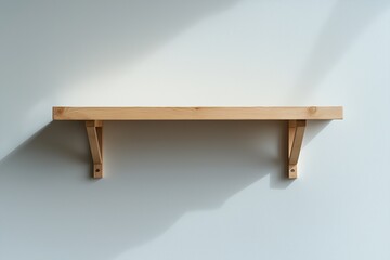 Brown wooden minimalist shelf hanging on a blank white and light wall