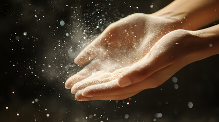 Fototapeta premium A close-up of hands releasing sparkling powder into the air, creating a magical effect. Magical Spell-Casting Hands. Illustration
