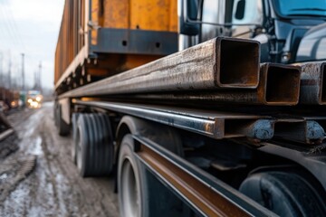 Transporting heavy materials, such as metal beams, using trucks. 