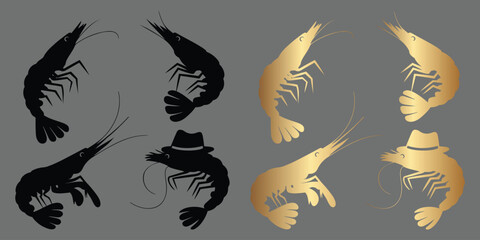 Elegant Shrimp Icons in Black and Gold on Gray Background