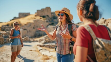 passionate tour guide explaining historical landmarks to tourists amidst ancient ruins