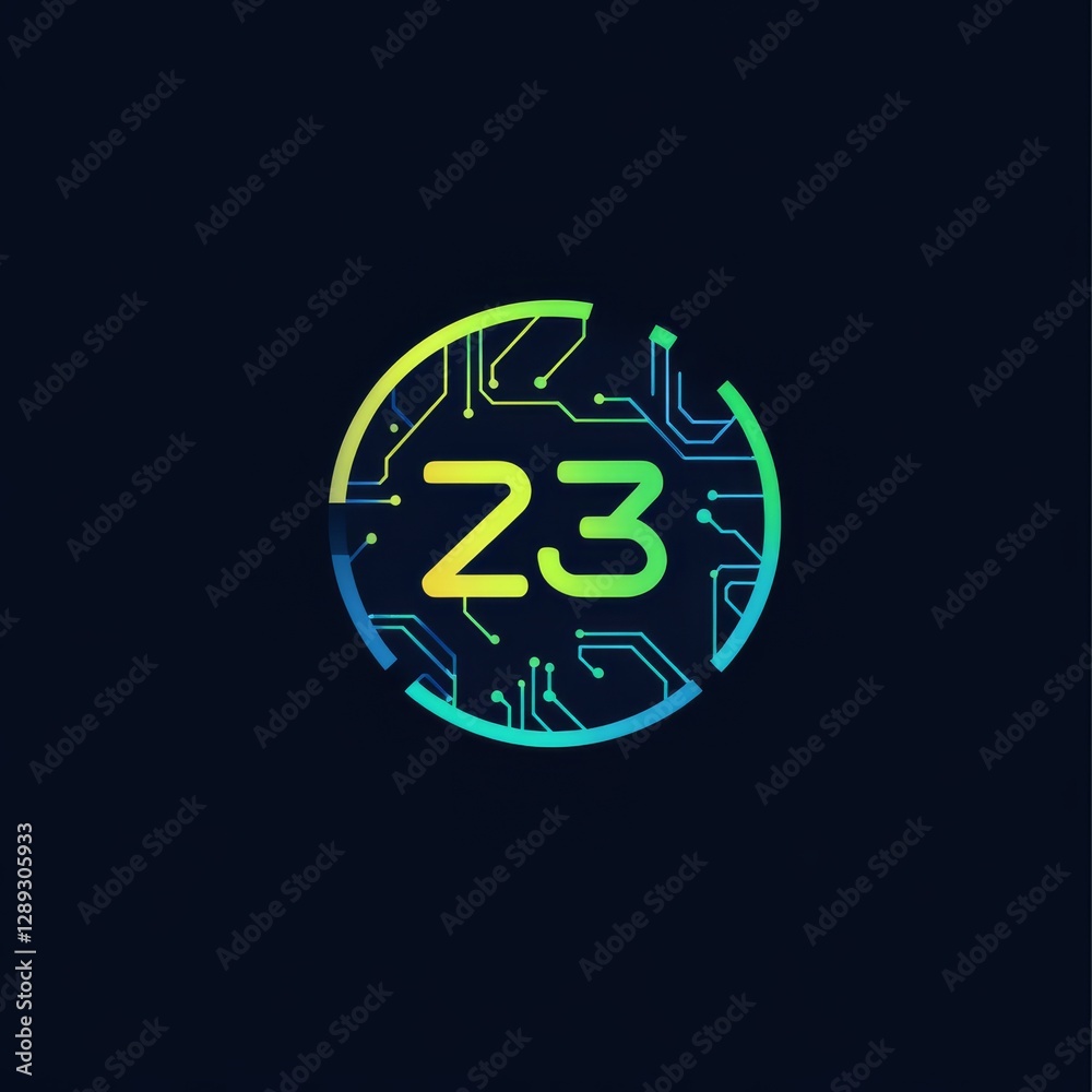 Poster Abstract Number 23 Logo with Circuit Board Design and Gradient Color Scheme on a Dark Background