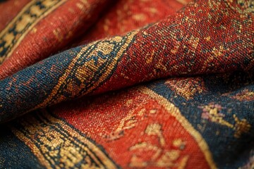 Fototapeta premium Handwoven textile with rich patterns, empty background.