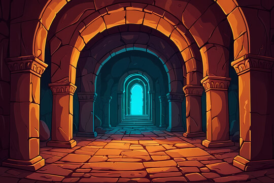 Medieval Castle Dungeon Hallway - Mysterious Underground Stone Corridor with Arched Doorways and Dramatic Lighting