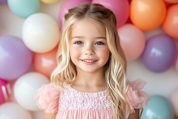 Girl smiles at camera, pastel balloons background. Happy celebration