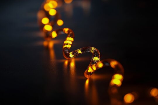 DNA strand glowing in dark, empty background.