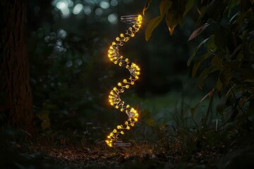 DNA strand glowing in dark, empty background.