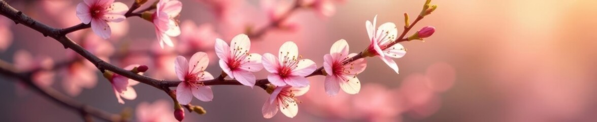 Obraz premium Golden cherry blossom branch with delicate pink flowers, serene, tree