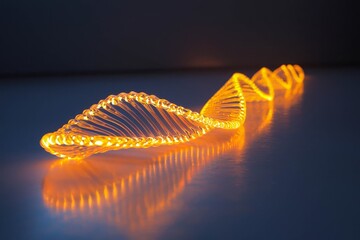 DNA strand glowing in dark, empty background.
