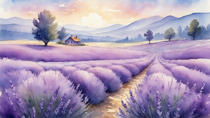 Delicate watercolor: lavender field with a house and trees on the background of mountains with transparent transitions and flowing strokes, creating a calming effect and peacefulness