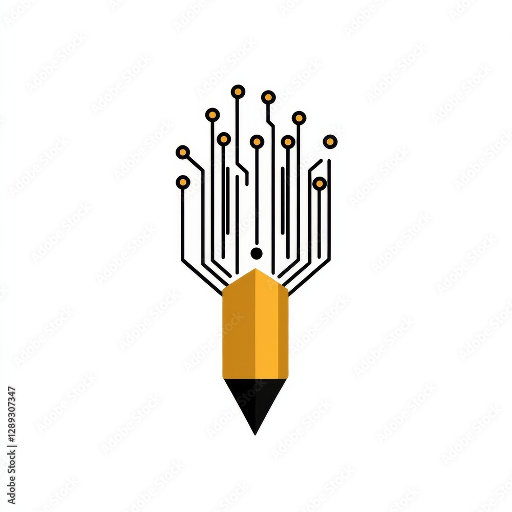 Poster digital creativity: a pencil with circuit board roots symbolizing innovation and technological advan