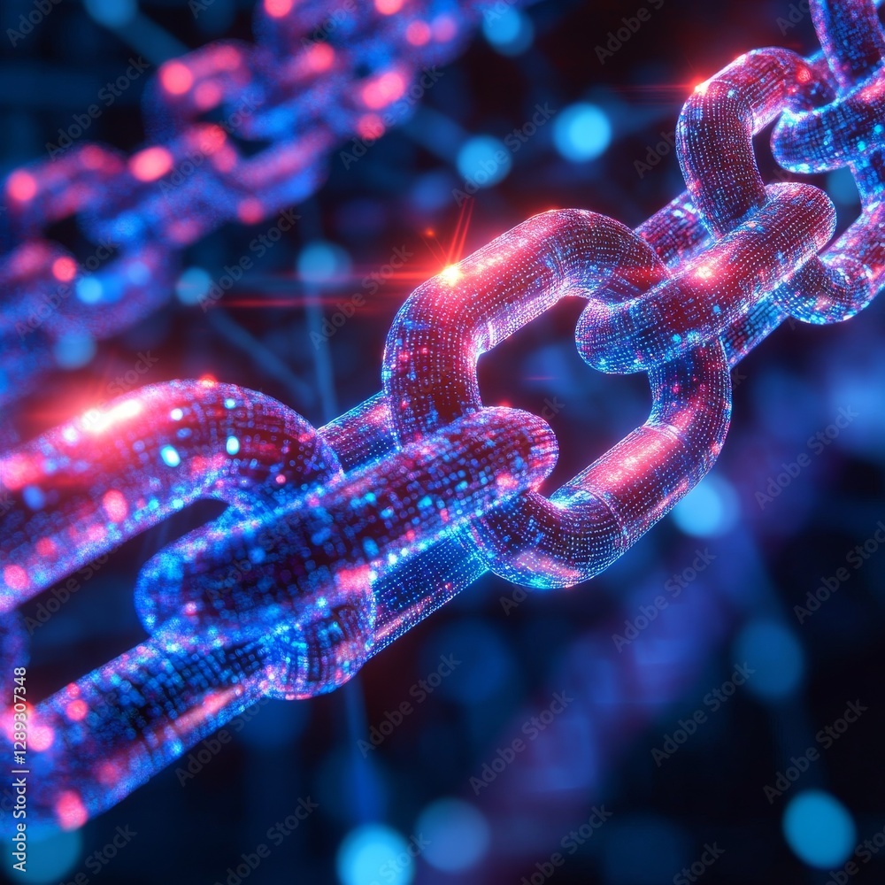 Poster Cyber network with interlocking chains, glowing in red and blue, representing secure connectivity, modern visual style