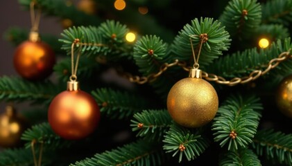 Golden Christmas ornaments on a garland wrapped around a festive evergreen tree, greenery, festive