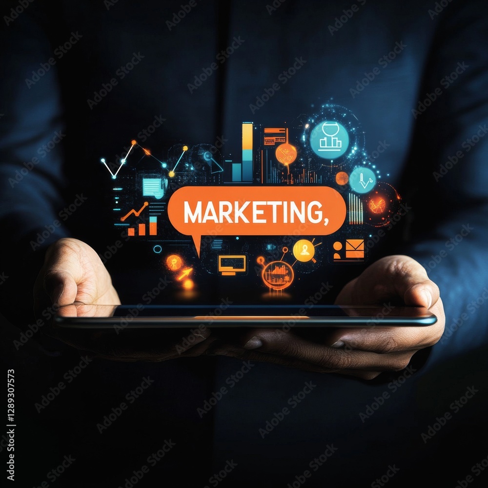 Poster digital marketing strategy: analyzing data trends on a tablet for business growth and success
