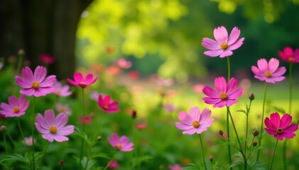 Fototapeta premium pink cosmos blooms scattered among emerald foliage and tree branches, landscape, nature, flowers