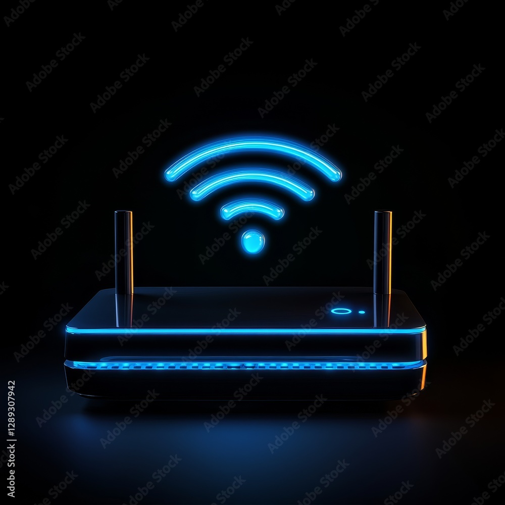 Poster futuristic glowing wi-fi router: high-speed connectivity with sleek design on a black background for