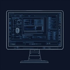 a user interface on a computer screen. line drawing. color scheme dark blue with white borders.