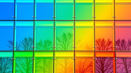 Colorful grid of glass panels reflecting leafless trees in gradient shades of blue, green, yellow, orange, and red, creating a modern, artistic design.