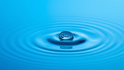 Crystal-clear water droplet creating ripples on a smooth blue surface, symbolizing purity, balance, tranquility, and the essence of nature and wellness