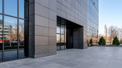 Fototapeta premium Modern Office Building Exterior, Reflection, Cityscape, Daylight, Commercial, Urban, Facade, Empty Plaza
