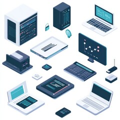 a clipart presentation of different kind of computer devices like laptops tablets printers scanners servers 
