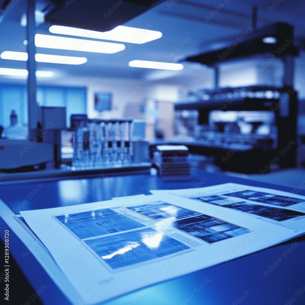 Poster photograph featuring a documentation in a laboratory. the photo appears to be taken at eye-level, pr