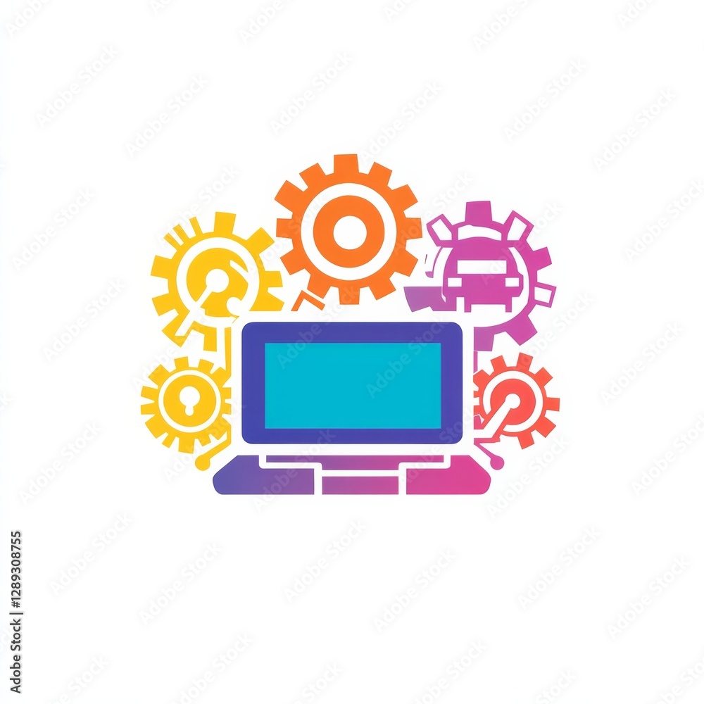 Poster A structured, tech-inspired logo for a beginnerâ€™s course on PC and laptop usage, featuring a combination of computer-related symbols like a laptop or mouse, 