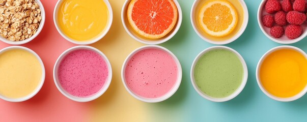 A vibrant display of colorful smoothies and fruits in bowls, showcasing a variety of flavors and textures, set against a gradient background.