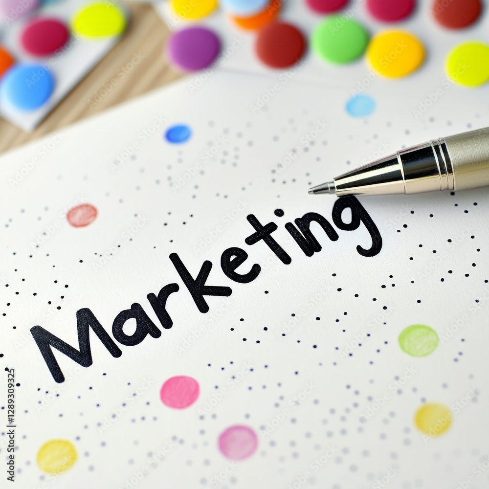 Poster marketing strategy concept with colorful dots and a pen: brainstorming session for business growth
