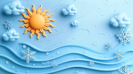 Animated sun and clouds with snowflakes over blue waves, a whimsical weather scene
