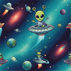 seamless space-themed pattern featuring green aliens in flying saucers among planets and galaxies, perfect for sci-fi and playful designs
